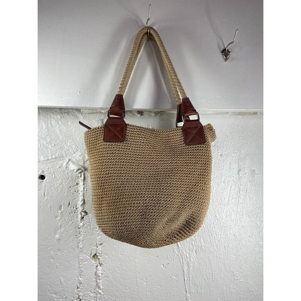 THE SAK TAN CROCHET DOUBLE HANDLE BUCKET SHOULDER BAG 10 X 10